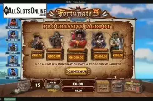 Jackpot description screen. Fortunate Five from Playtech