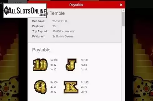 Paytable 1. Fortune Temple from Gamesys
