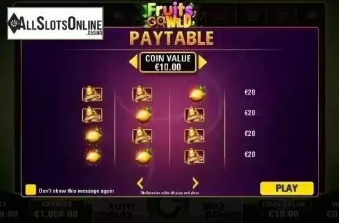 Paytable 2. Fruits Go Wild from Electric Elephant