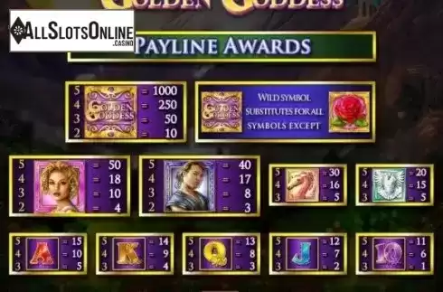 Paytable. Golden Goddess from IGT