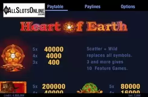 Paytable 1. Heart of Earth from Swintt