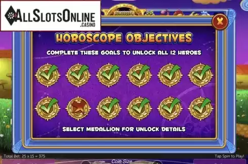 Horoscope Objectives screen. Horoscope Heroes from Gamesys
