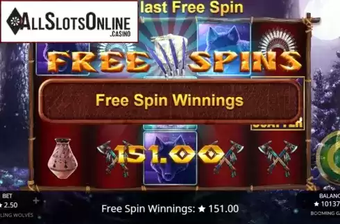 Free Spins screen. Howling Wolves from Booming Games