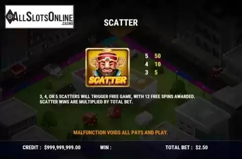 Scatter paytable screen. Lucky Rich God from Slot Factory