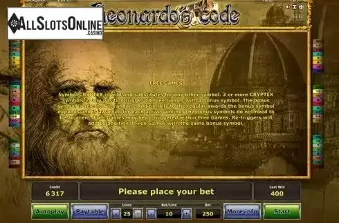 Screen3. Leonardo's Code from Greentube