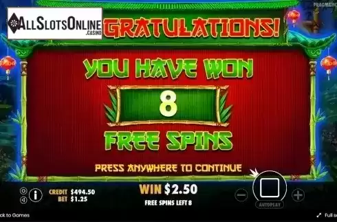Free Spins Presentation screen. Panda's Fortune from Pragmatic Play