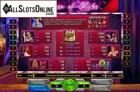 Paytable. Queen of Clubs from Platin Gaming