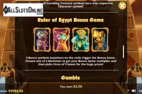 Bonus game screen. Ruler of Egypt from Lady Luck Games