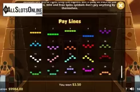 Paylines screen. Ruler of Egypt from Lady Luck Games