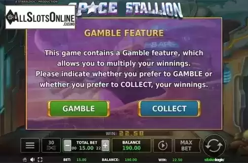 Gamble game screen. Space Stallion from StakeLogic