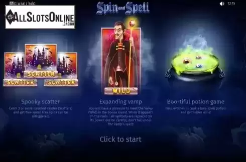 Start Screen. Spin and Spell from BGAMING
