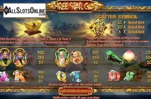 Paytable. Three Star God from SimplePlay