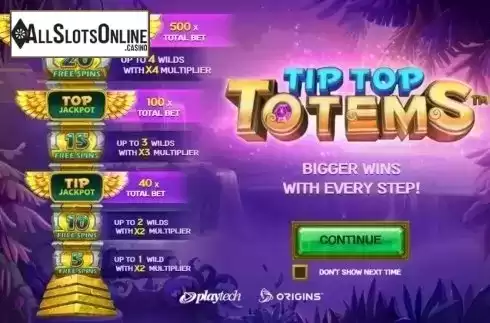 Start Screen. Tip Top Totems from Playtech Origins