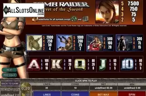 Screen2. Tomb Raider Secret of the Sword from Microgaming