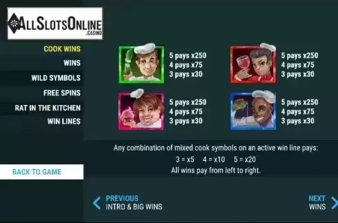 Paytable 2. Too Many Cooks from Slot Factory