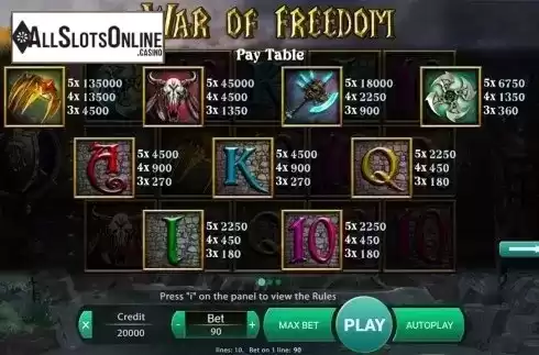 Paytable . War Of Freedom from X Play