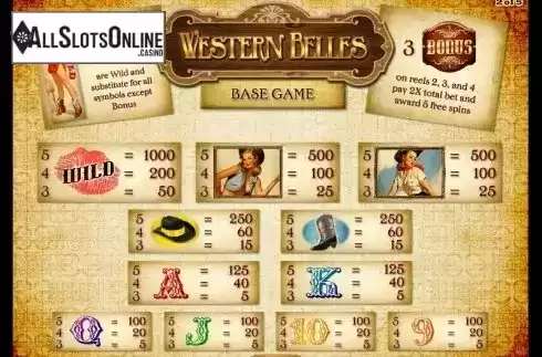 Paytable. Western Belles from IGT