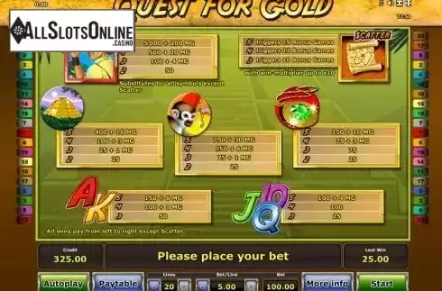 Paytable 1. Quest for Gold from Greentube