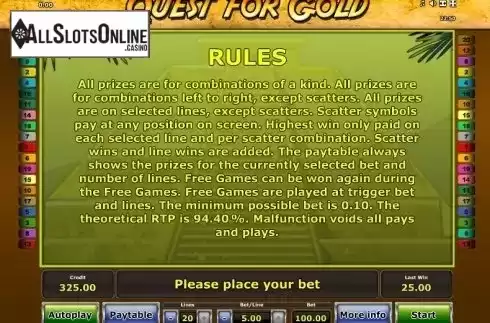 Paytable 2. Quest for Gold from Greentube