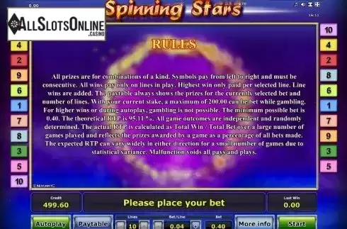 Paytable 3. Spinning Stars from Greentube