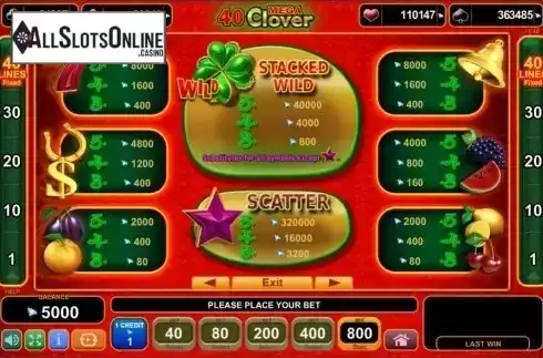 Paytable 1. 40 Mega Clover from EGT