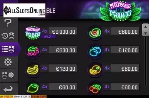 Paytable screen 1. Midnight Fruits from Apollo Games