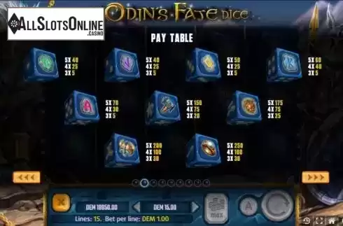 Paytable screen. Odins Fate Dice from Mancala Gaming