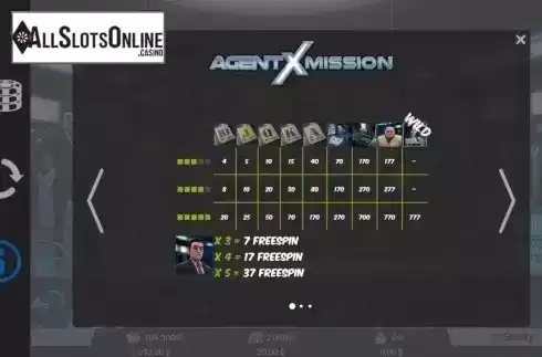 Paytable. Agent X Mission from MrSlotty