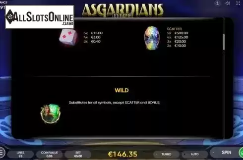 Paytable and Wild screen. Asgardians Dice from Endorphina