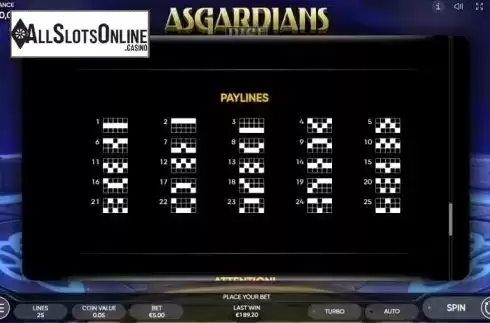 Paylines screen. Asgardians Dice from Endorphina