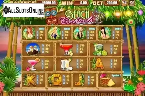 Paytable. Beach Cocktails from Allbet Gaming
