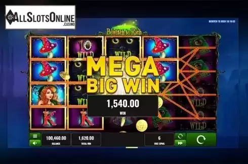 Mega Big Win screen. Bewitch to Rich from Playreels