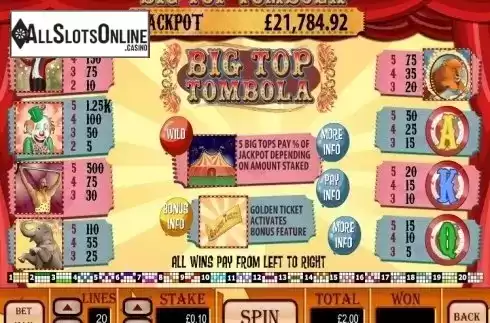 Paytable . Big Top Tombola from Playtech