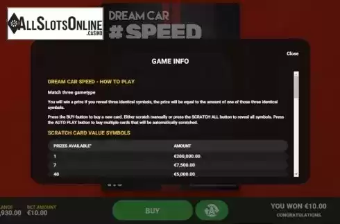 Info 1. Dream Car Speed from Hacksaw Gaming