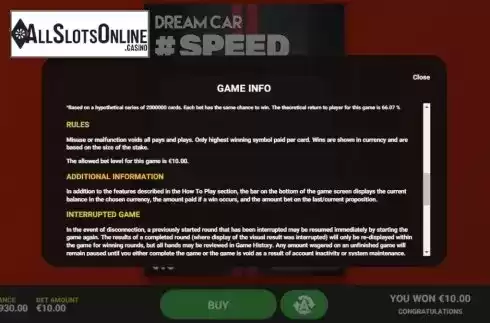 Info 3. Dream Car Speed from Hacksaw Gaming