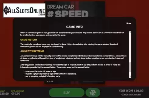 Info 4. Dream Car Speed from Hacksaw Gaming