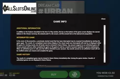 Info 3. Dream Car Urban from Hacksaw Gaming