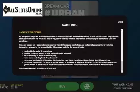 Info 4. Dream Car Urban from Hacksaw Gaming