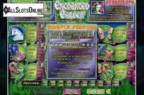 Paytable. Enchanted Garden from RTG