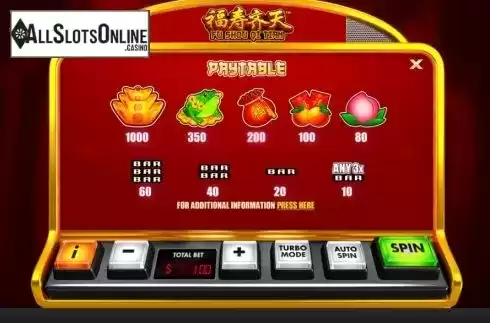 Paytable screen. Fu Shou Qi Tian from Skywind Group
