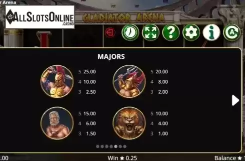 Paytable screen 1. Gladiator Arena from Booming Games