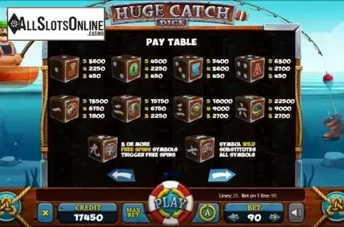 Paytable screen. Huge Catch Dice from Mancala Gaming
