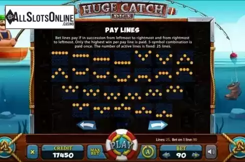 Paylines screen. Huge Catch Dice from Mancala Gaming