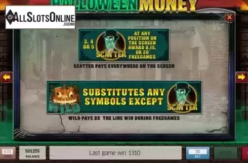 Features screen. Halloween Money from InBet Games