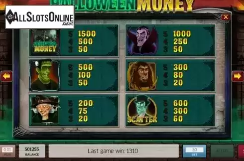 Paytable screen. Halloween Money from InBet Games