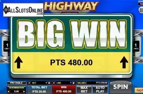Big win screen. Highway Fortune from Spadegaming