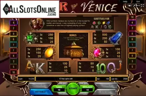 Paytable. Joker of Venice from Platin Gaming