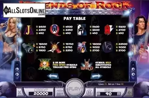 Paytable . Legends of Rock from X Card