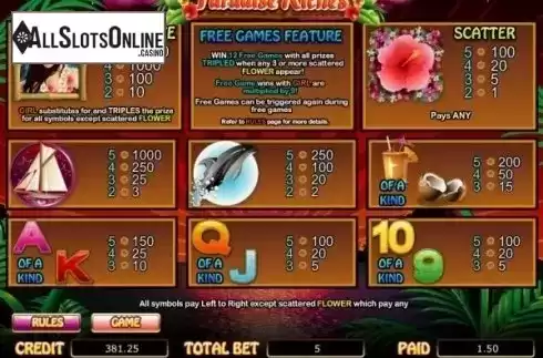 Paytable 1. Paradise Riches from Bwin.Party