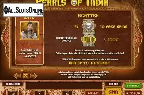 Paytable 1. Pearls of India from Play'n Go
